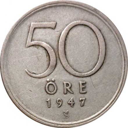 Швеция 50 эре 1947 год (серебро, &quot;SVERIGE&quot; на аверсе)