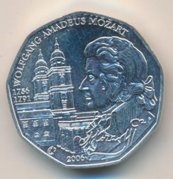 Австрия 5 евро 2006 год - Вольфганг Амадей Моцарт и кафедральный собор в Зальцбурге