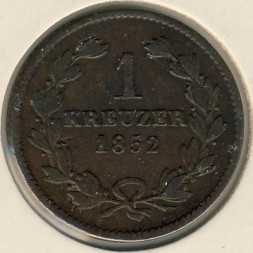 Монета Баден 1 крейцер 1852 год