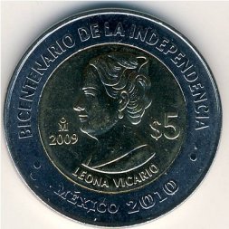 Мексика 5 песо 2009 год - 200-летие независимости. Леона Викарио