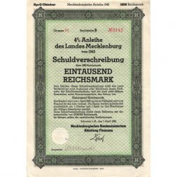 Германия (Третий Рейх) г. Шверин, 4% Заем Земли Мекленбург, Облигация на 1000 RM, апрель 1942 год - XF