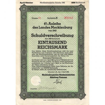 Германия (Третий Рейх) г. Шверин, 4% Заем Земли Мекленбург, Облигация на 1000 RM, апрель 1942 год - XF