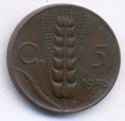Италия 5 чентезимо 1936 год - Король Виктор Эммануил III (колос)
