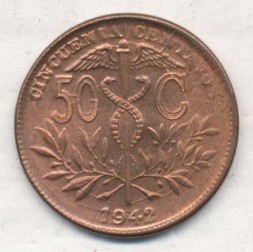 Монета Боливия 50 сентаво 1942 год