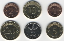 Набор из 6 монет Латвии 2008 - 2009 года (UNC)