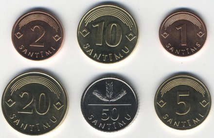 Набор из 6 монет Латвии 2008 - 2009 года (UNC)