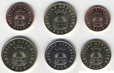 Набор из 6 монет Латвии 2008 - 2009 года (UNC)