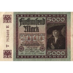 Веймарская Республика 5000 марок 1922 год - VF+