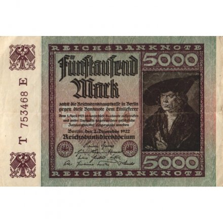 Веймарская Республика 5000 марок 1922 год - VF+