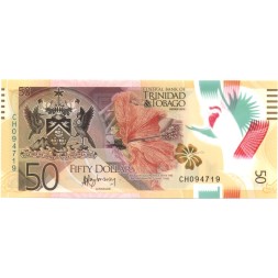 Тринидад и Тобаго 50 долларов 2015 год - Цветок гибискуса и птица кардинала UNC