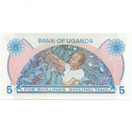 Уганда 5 шиллингов 1979 год - Здание Банка. Сбор урожая кофе - UNC