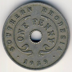 Монета Южная Родезия 1 пенни 1939 год