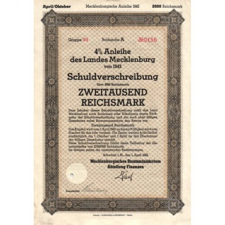 Германия (Третий Рейх) г. Шверин, 4% Заем Земли Мекленбург, Облигация на 2000 RM, апрель 1942 год - XF