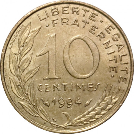 Франция 10 сантимов 1994 год - Марианна (&quot;Дельфин&quot; справа от года)