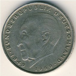 ФРГ 2 марки 1970 год (D) - Конрад Аденауэр, 20 лет Федеративной Республике (1949-1969)