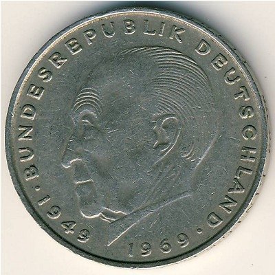 ФРГ 2 марки 1970 год (D) - Конрад Аденауэр, 20 лет Федеративной Республике (1949-1969)