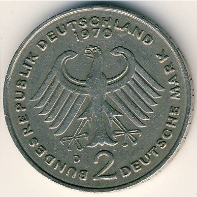ФРГ 2 марки 1970 год (D) - Конрад Аденауэр, 20 лет Федеративной Республике (1949-1969)