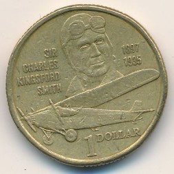 Монета Австралия 1 доллар 1997 год - 100 лет со дня рождения Чарльза Кингсфорда Смита (портрет Чарльза и самолёт)