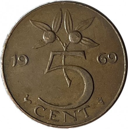 Нидерланды 5 центов 1969 год (петух слева от номинала)