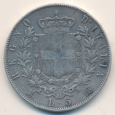 Италия 5 лир 1872 год