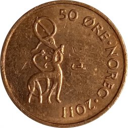 Норвегия 50 эре 2011 год ("11" в годе 2011 отзеркалены)