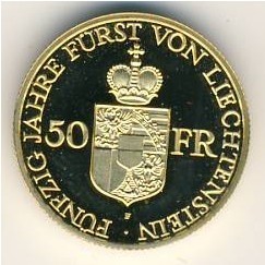 Монета Лихтенштейн 50 франков 1988 год