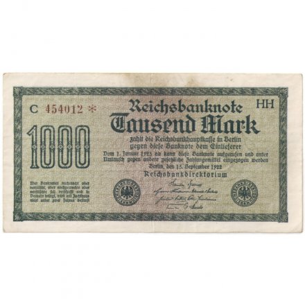 Веймарская Республика 1000 марок 1922 год - Красный номер - VF