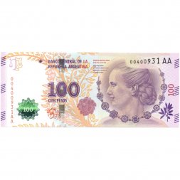 Аргентина 100 песо 2012 год - с меткой для слепых (серия АА) UNC