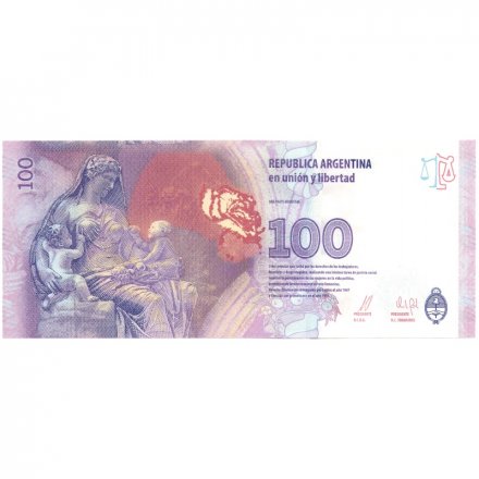 Аргентина 100 песо 2012 год - с меткой для слепых (серия АА) UNC