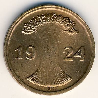 Веймарская республика 2 рейхспфеннига 1924 год (D)