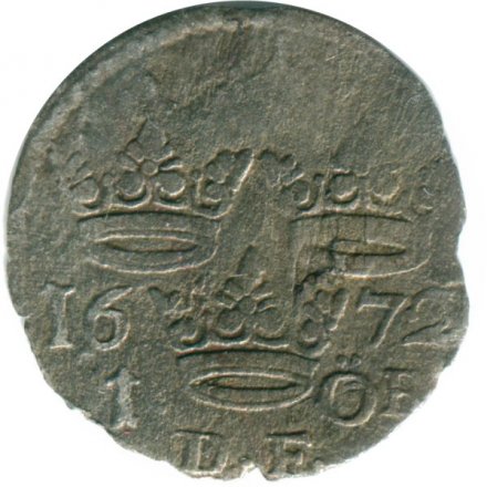 Швеция 1 эре 1672 год (Отметка монетного двора &quot;DF&quot; на реверсе)