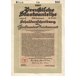 Облигация Германия. Preussische Staatsanleibe. Прусская государственная облигация 500 рейхсмарок 1937 год - aUNC