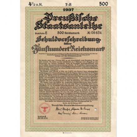 Облигация Германия. Preussische Staatsanleibe. Прусская государственная облигация 500 рейхсмарок 1937 год - aUNC
