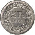 Швейцария 1/2 франка 1969 год (Без отметки монетного двора)