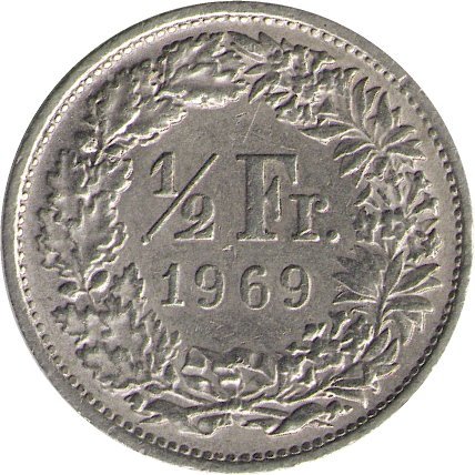 Швейцария 1/2 франка 1969 год (Без отметки монетного двора)
