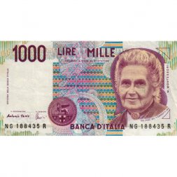 Италия 1000 лир 1990 год - Мария Монтессори. Учитель и ученик - VF-
