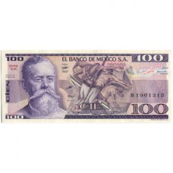 Мексика 100 песо 1982 год - Венустиано Карранса. Артефакты. Статуя Чак-Мооль (3-ий тип подписи)
