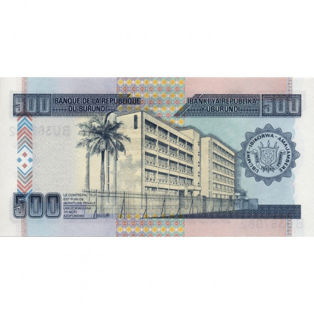 Бурунди 500 франков 2013 год - Барельеф. Здание Банка UNC