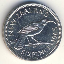 Новая Зеландия 6 пенсов 1965 год - Разноклювая гуйя (Proof)