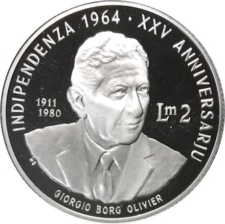 Мальта 2 лиры 1989 год - 25 лет Независимости. Джордж Борг Оливер