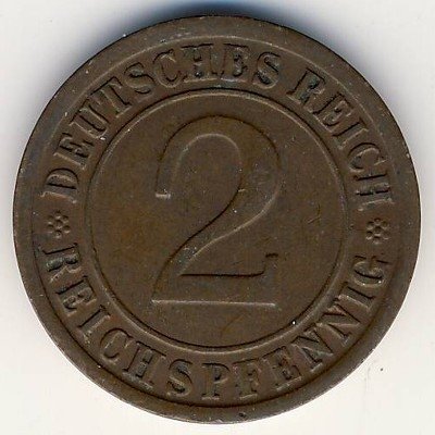 Веймарская республика 2 рейхспфеннига 1924 год (E)