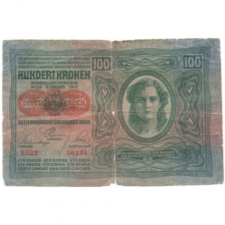 Австро-Венгрия 100 крон 1912 год - горизонтальная красная надпечатка - G