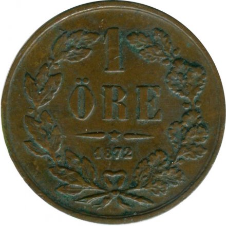 Швеция 1 эре 1872 год (Буквы L.A. под бюстом)