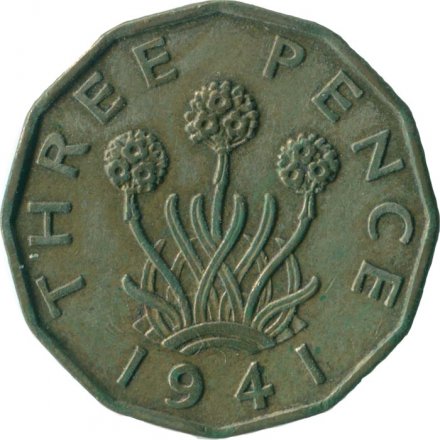 Великобритания 3 пенса 1941 год - Король Георг VI (никель-латунь)