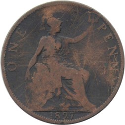 Великобритания 1 пенни 1897 год (бронза, коричневый цвет) - Королева Виктория