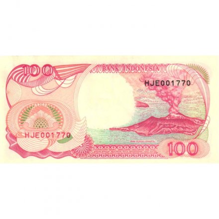 Индонезия 100 рупий 1992 (1993) год - Парусное судно пиниси. Вулкан Кракатау aUNC