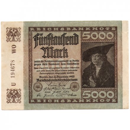 Веймарская Республика 5000 марок 1922 год - XF