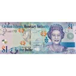 Каймановы острова 1 доллар 2014 год - Королева Елизавета II и рыба-ангел. Скала Блеф UNC