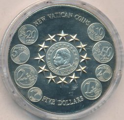 Либерия 5 долларов 2004 год - Новые монеты Ватикана /диаметр 40 мм/ (без отметки МД)