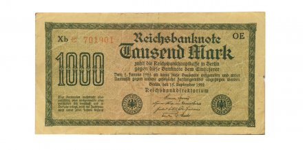 Веймарская Республика 1000 марок 1922 год - Красный номер OE - VF